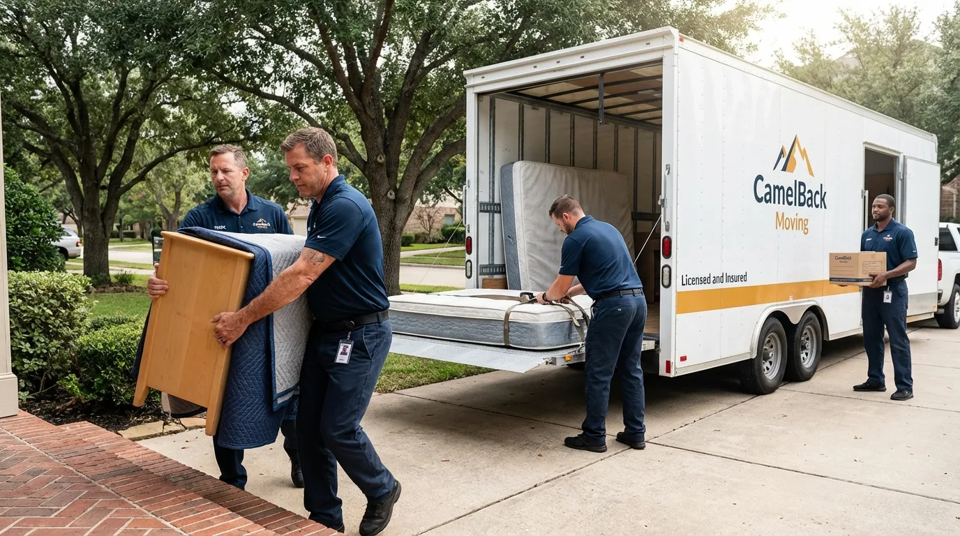 Crew loading residential truck for cross-state move from Antlers, OK