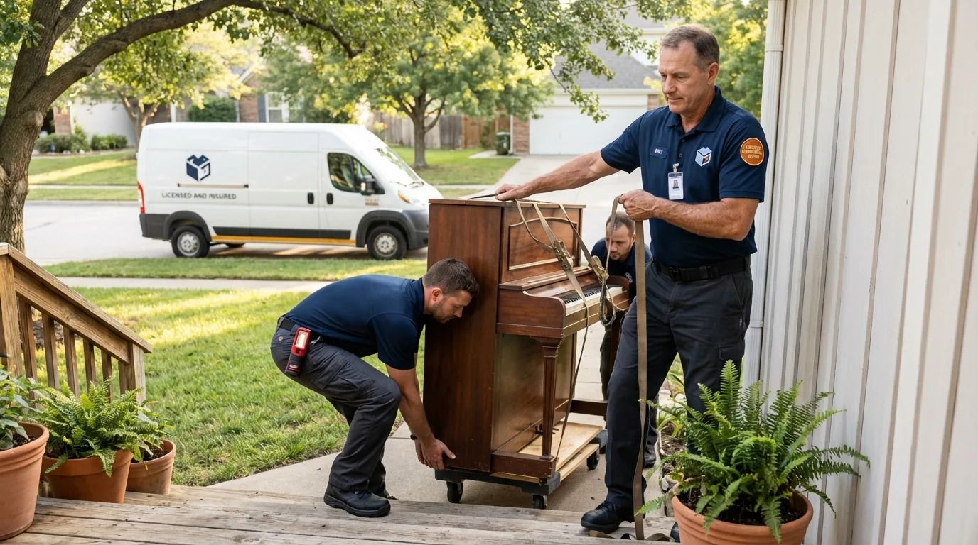Licensed piano movers securing grand piano in Antlers, OK