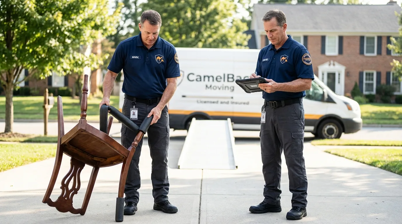 Movers inspecting furniture for damage prevention before loading in Antlers, OK