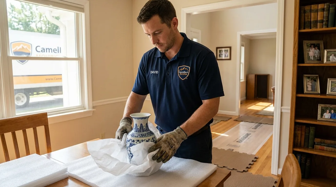 Professional crew carefully wrapping antique vase for senior downsizing move in Antlers, OK
